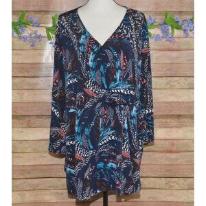 Catherines Blue Feather Print Faux Wrap Blouse Top Plus Size 4X 3/4 Bell Sleeves
